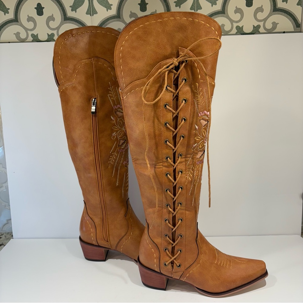 New Retro Wer Embroidered Cross Strap Knee High Boots NWOT